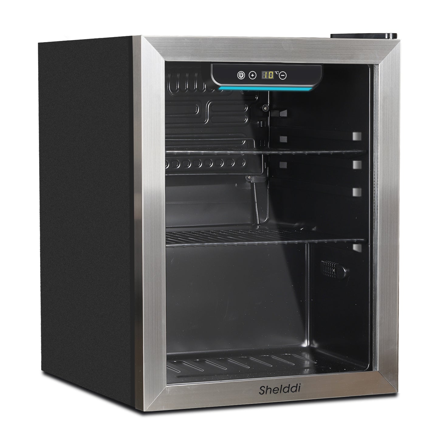 Shelddi 冷蔵庫 48L 小型 コンプレッサー式 透明ガラスドア ステンレス製フレーム おしゃれ 静音 ミニバー 省エネ 一人暮らし 1ドア 温度設定4-16℃ 家庭用 展示用 ホテル 旅館 GSR-048