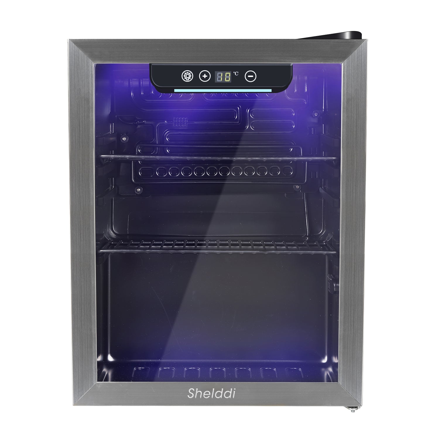 Shelddi 冷蔵庫 48L 小型 コンプレッサー式 透明ガラスドア ステンレス製フレーム おしゃれ 静音 ミニバー 省エネ 一人暮らし 1ドア 温度設定4-16℃ 家庭用 展示用 ホテル 旅館 GSR-048